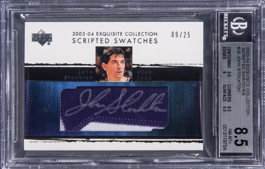2003-04 UD "Exquisite Collection" Scripted Swatches #JS John Stockton Signed Patch Card (#09/25) - BGS NM-MT+ 8.5/BGS 10